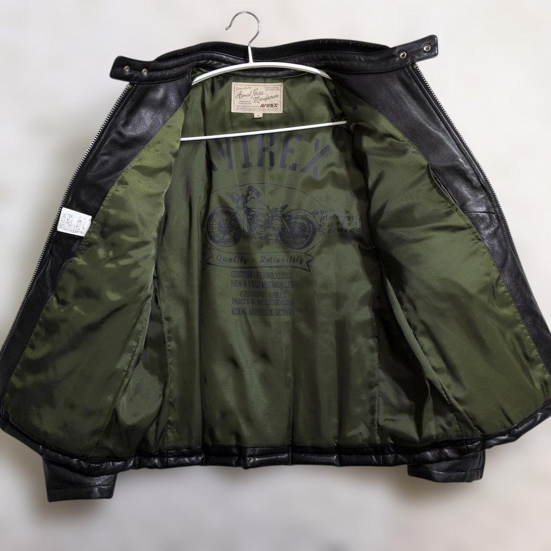 未使用級　AVIREX レザーダウン羊革　グリーンイラスト　黒　ブラック　M