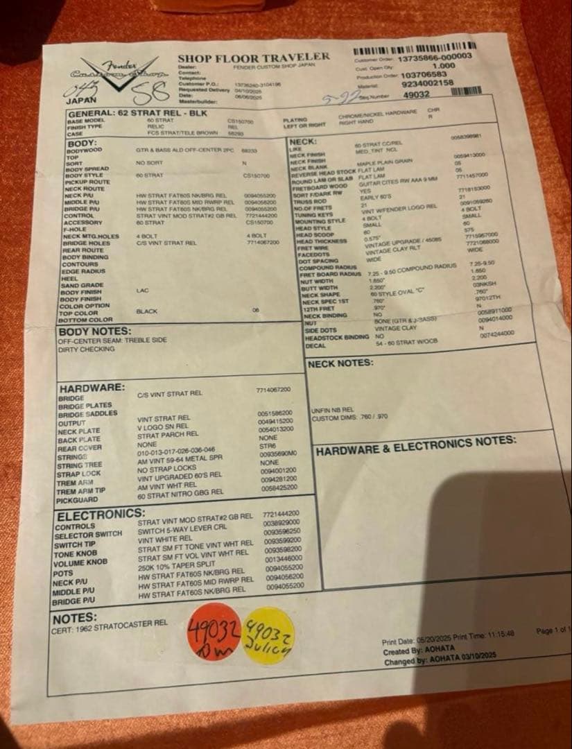 ギター Fender Custom Shop 62 Stratocaster Relic