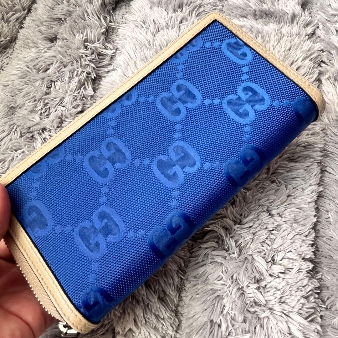 極美品✨GUCCI オフザグリッド　ラウンドファスナー　GG ブルー　長財布