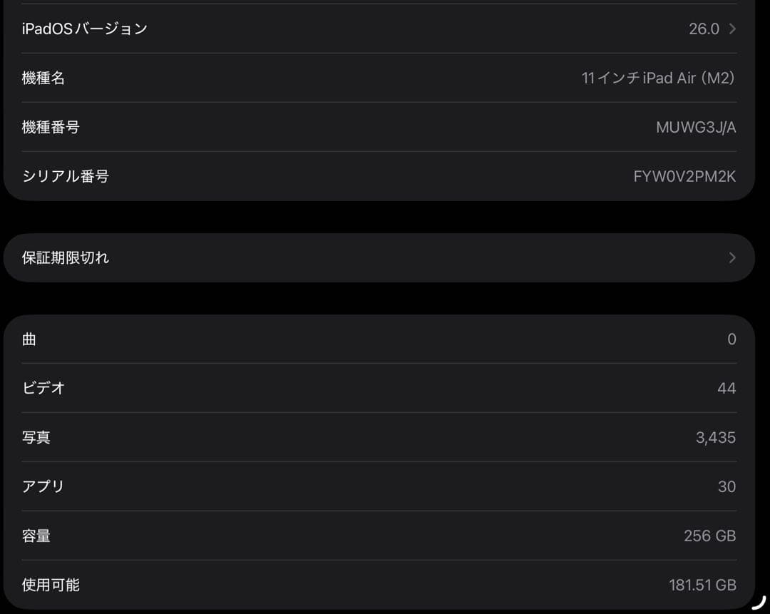iPad Air M2 11インチ Wi-fi 256GB(本体のみ)
