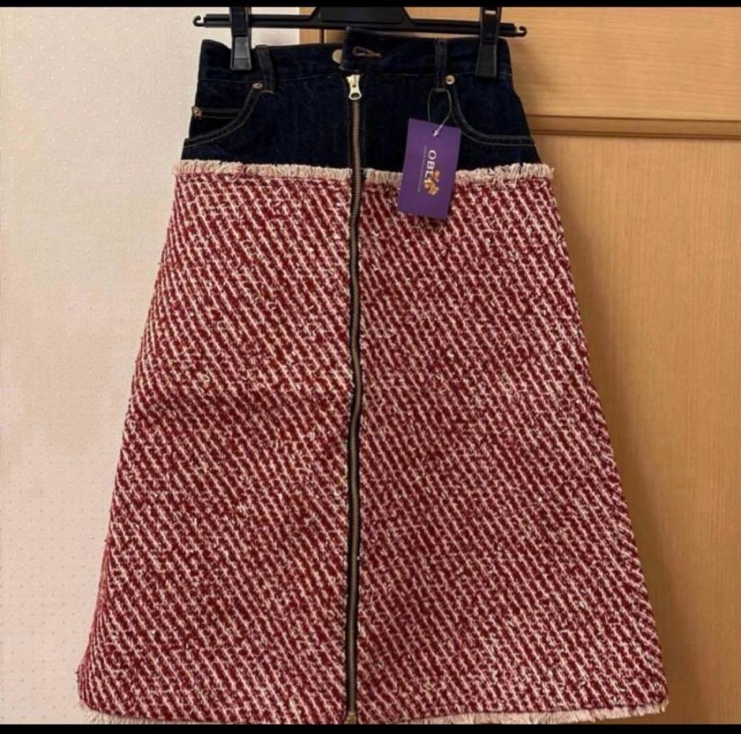 新品　オブリobli デニムツイードドッキングスカート