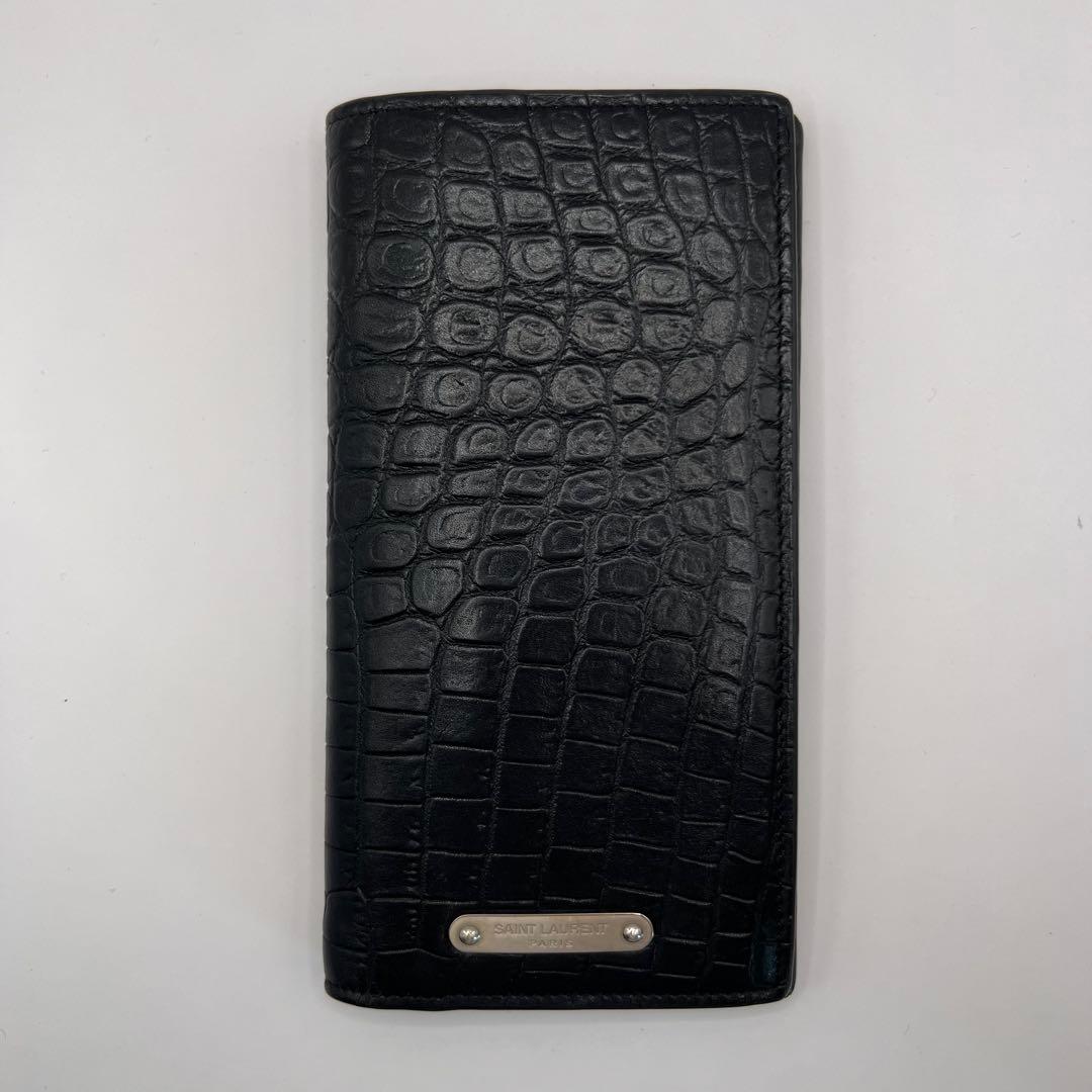 saint laurent 長財布　ブラック　クロコ　プレート　型押し　エンボス