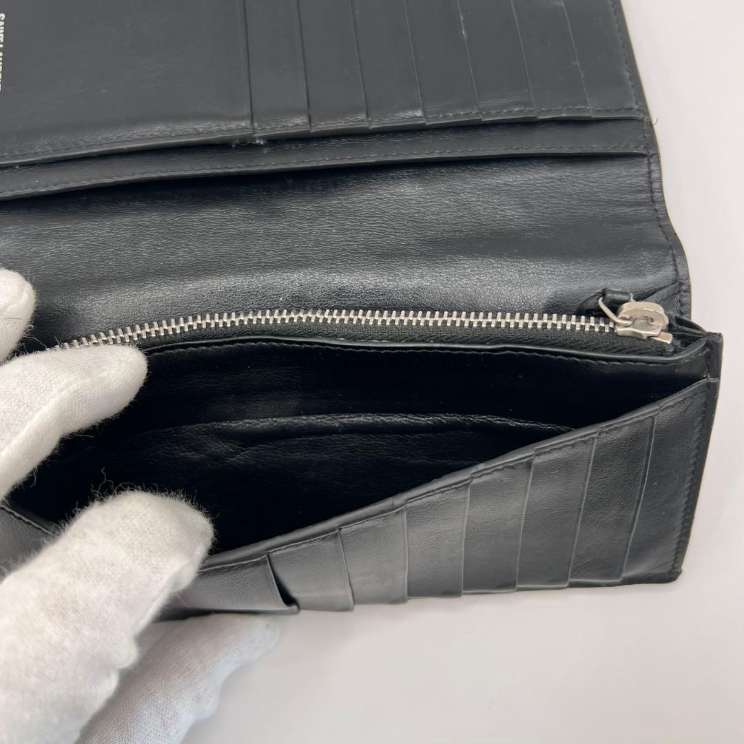 saint laurent 長財布　ブラック　クロコ　プレート　型押し　エンボス