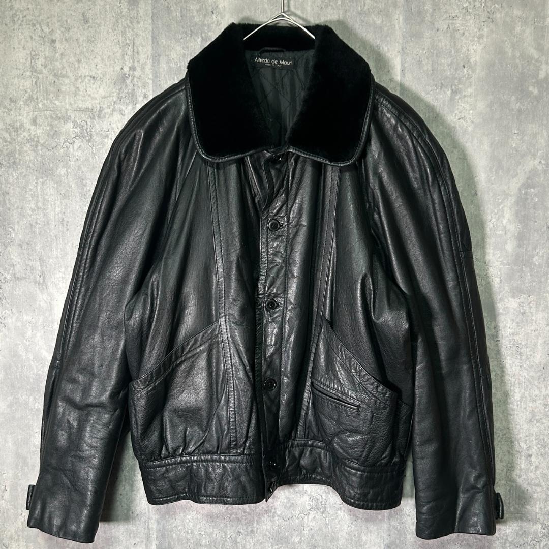イタリア製 ヴィンテージ レザージャケット ボア襟 黒 本革 肩パッドなし