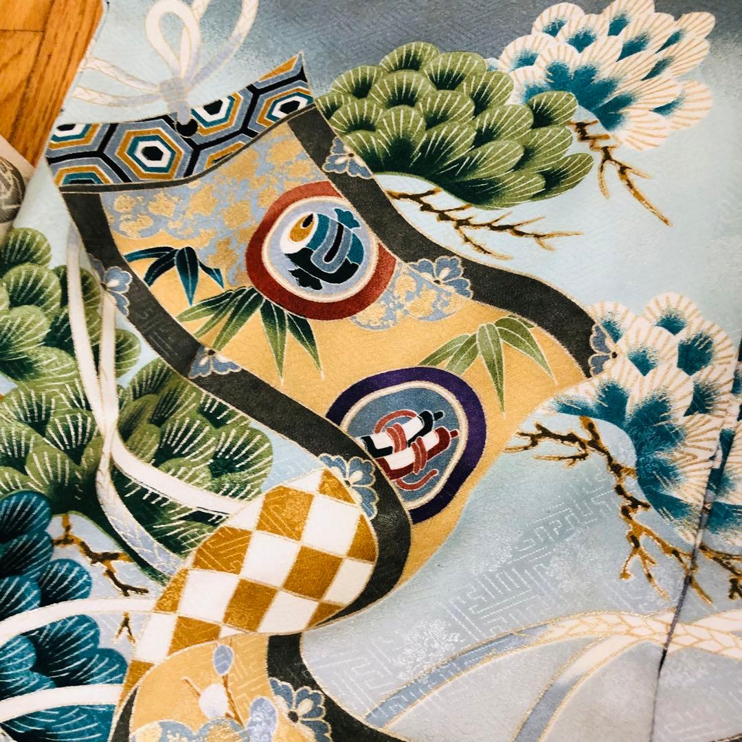 七五三５歳完全フルセット‼️人気水色系兜鷹金彩煌びやか⭐︎袴金蘭刺繍煌びやか際立つ