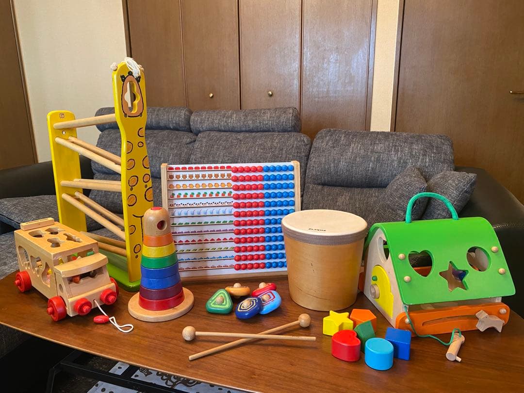木のおもちゃ　6点セット　スロープ　楽器　型はめ　積み木　そろばん　絵合わせ