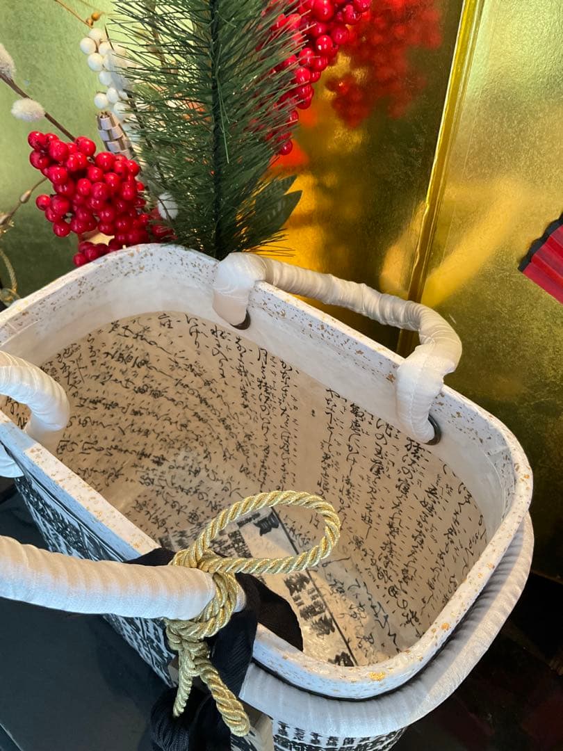 一閑張り　大相撲　相撲番付表　和風　黒白文様　かごバッグ