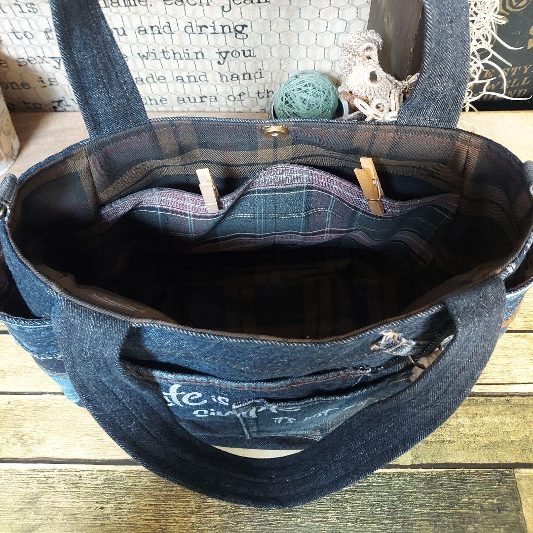 刺繍デニムバック　No.671　デニムリメイク　刺繍バック　サイドポケット