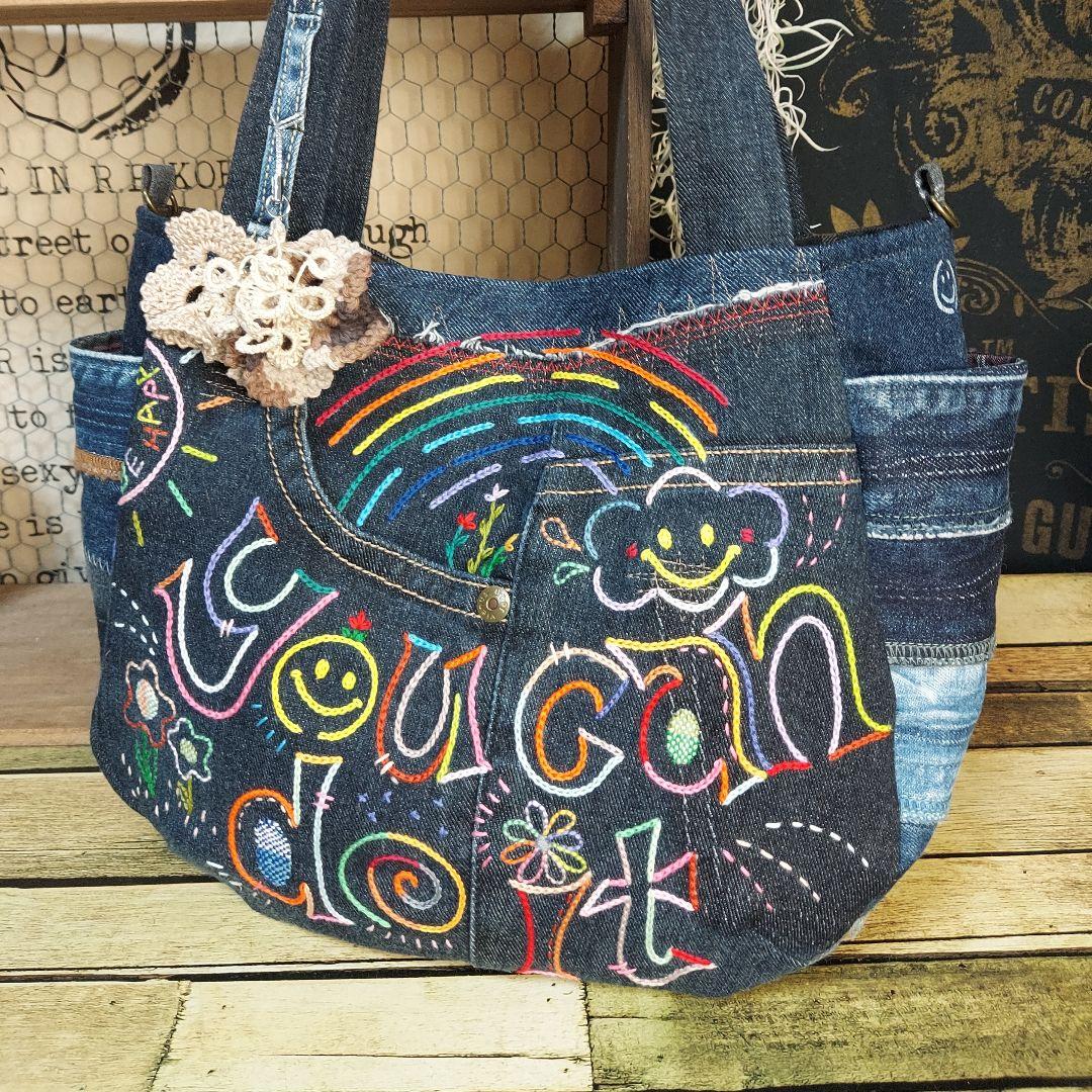 刺繍デニムバック　No.671　デニムリメイク　刺繍バック　サイドポケット