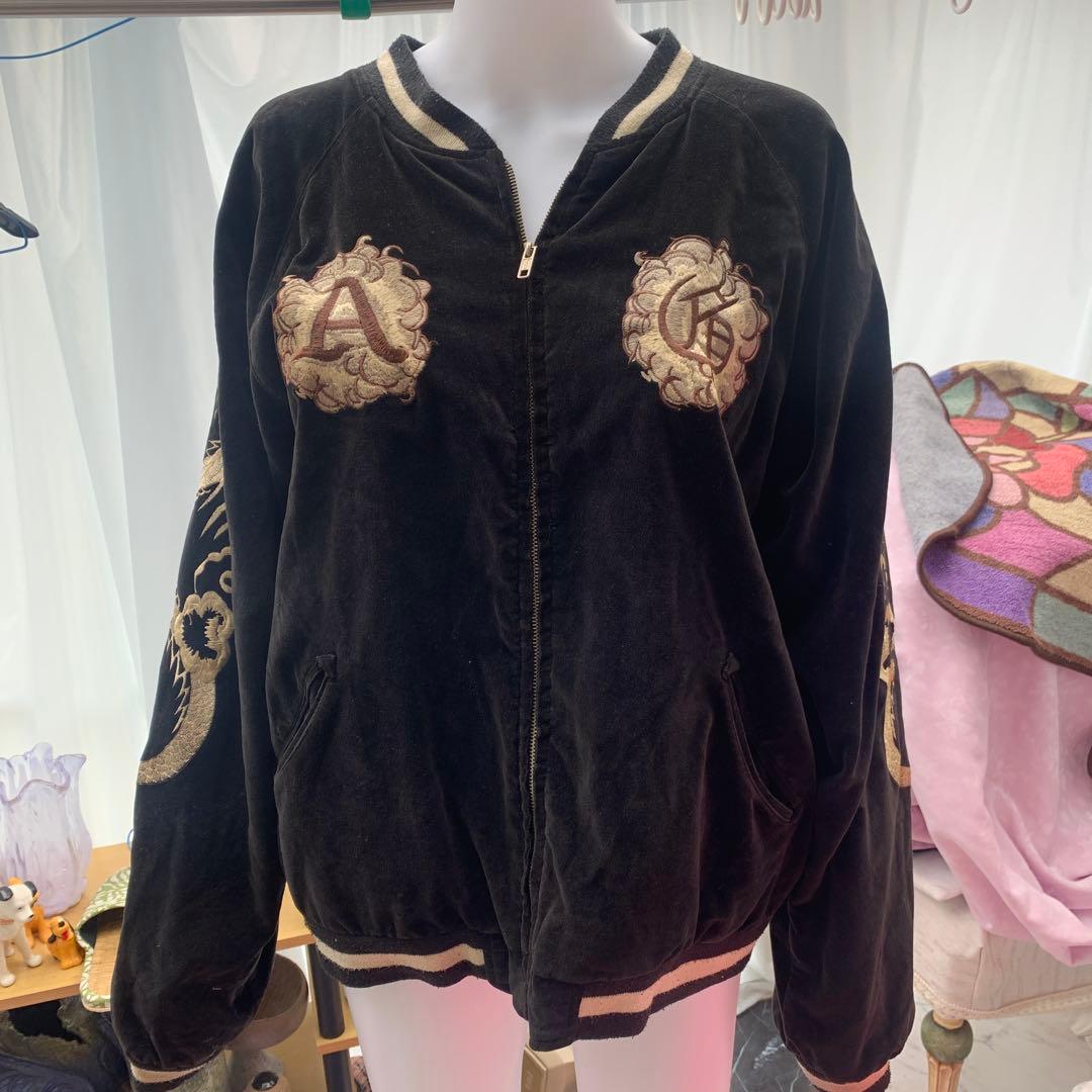 『希少』A &G黒いベルベットスカジャン ドラゴン刺繍リバーシブル