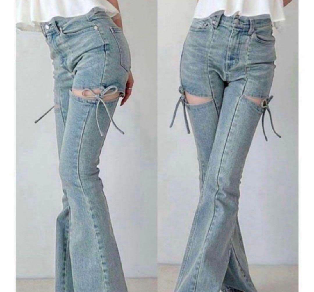 RESEXXY リゼクシー　カットアウトリボンデニムパンツ　s アイスブルー