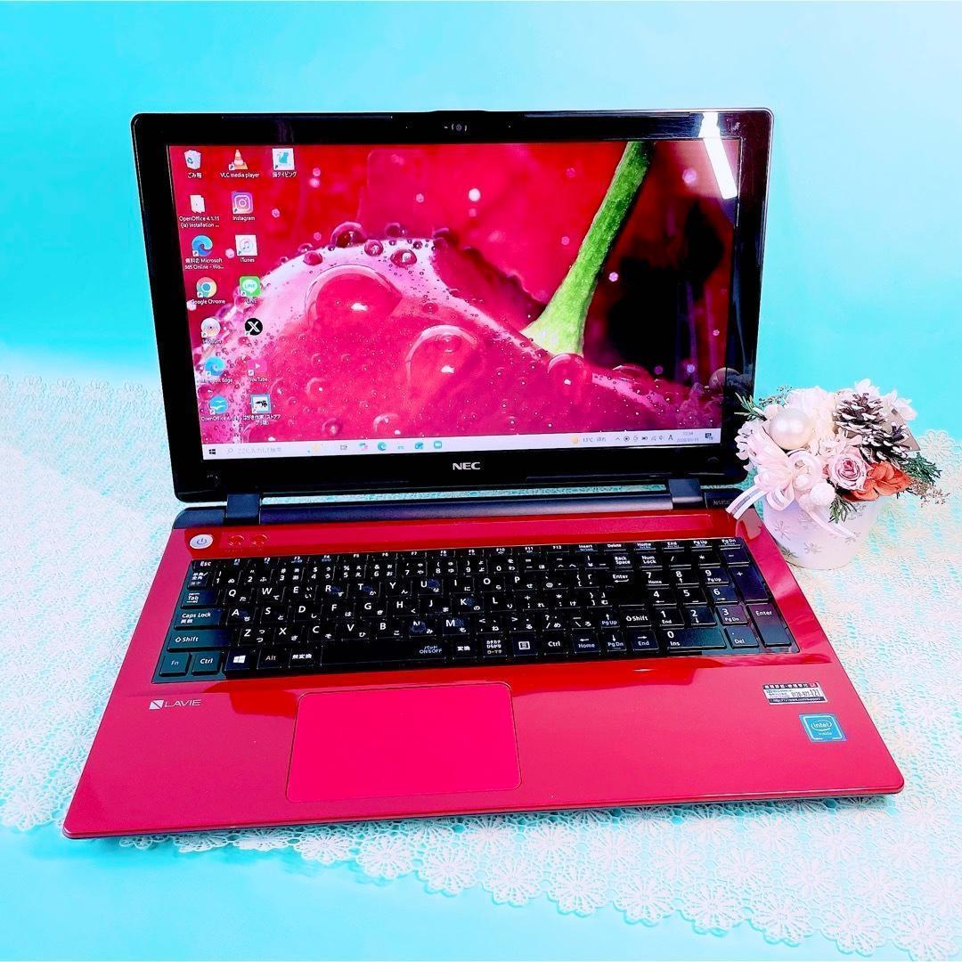たっぷり大容量1TB✨️薄型ノートパソコン✨️おしゃれ赤❣️カメラ付きテンキー事務作業