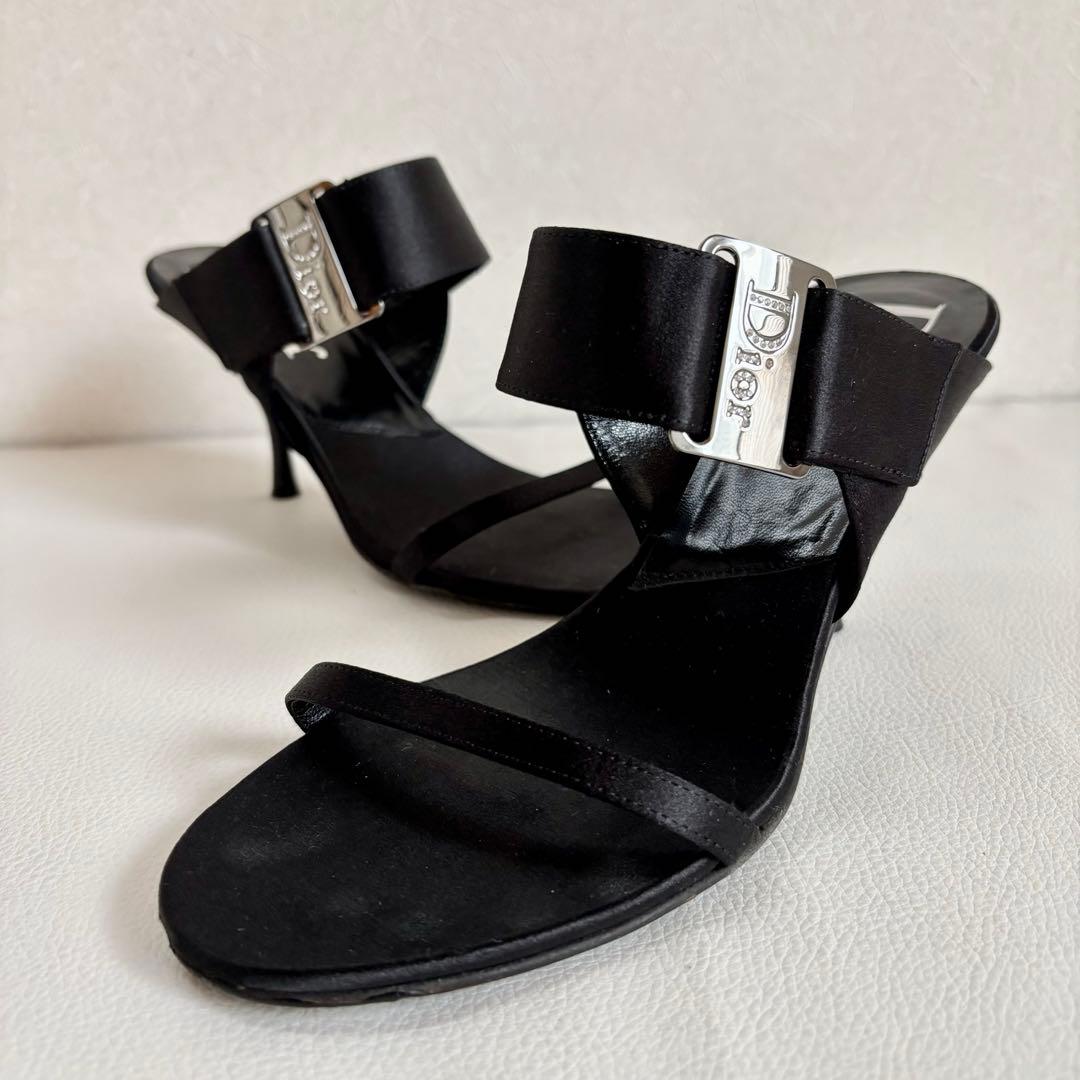 【クリスチャンディオール】ロゴ サテン ミュール ヒール 黒 35 1/2