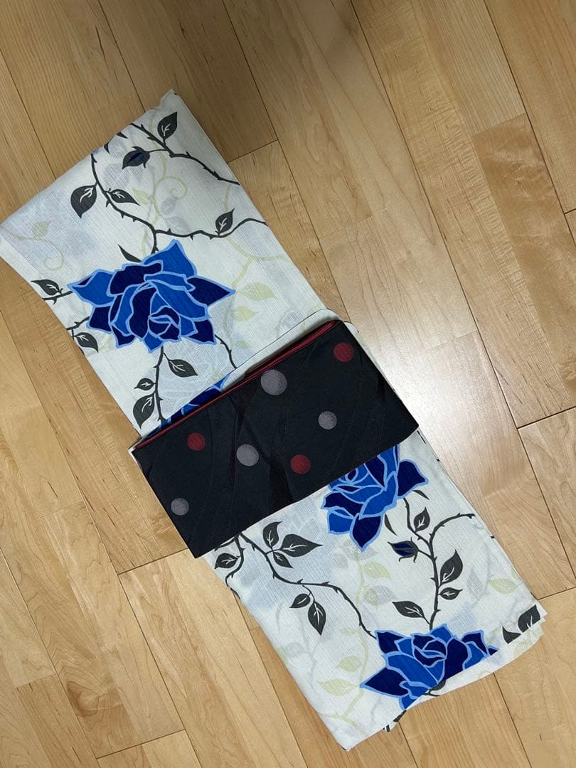 ふりふ　洗える　浴衣　青　薔薇 白