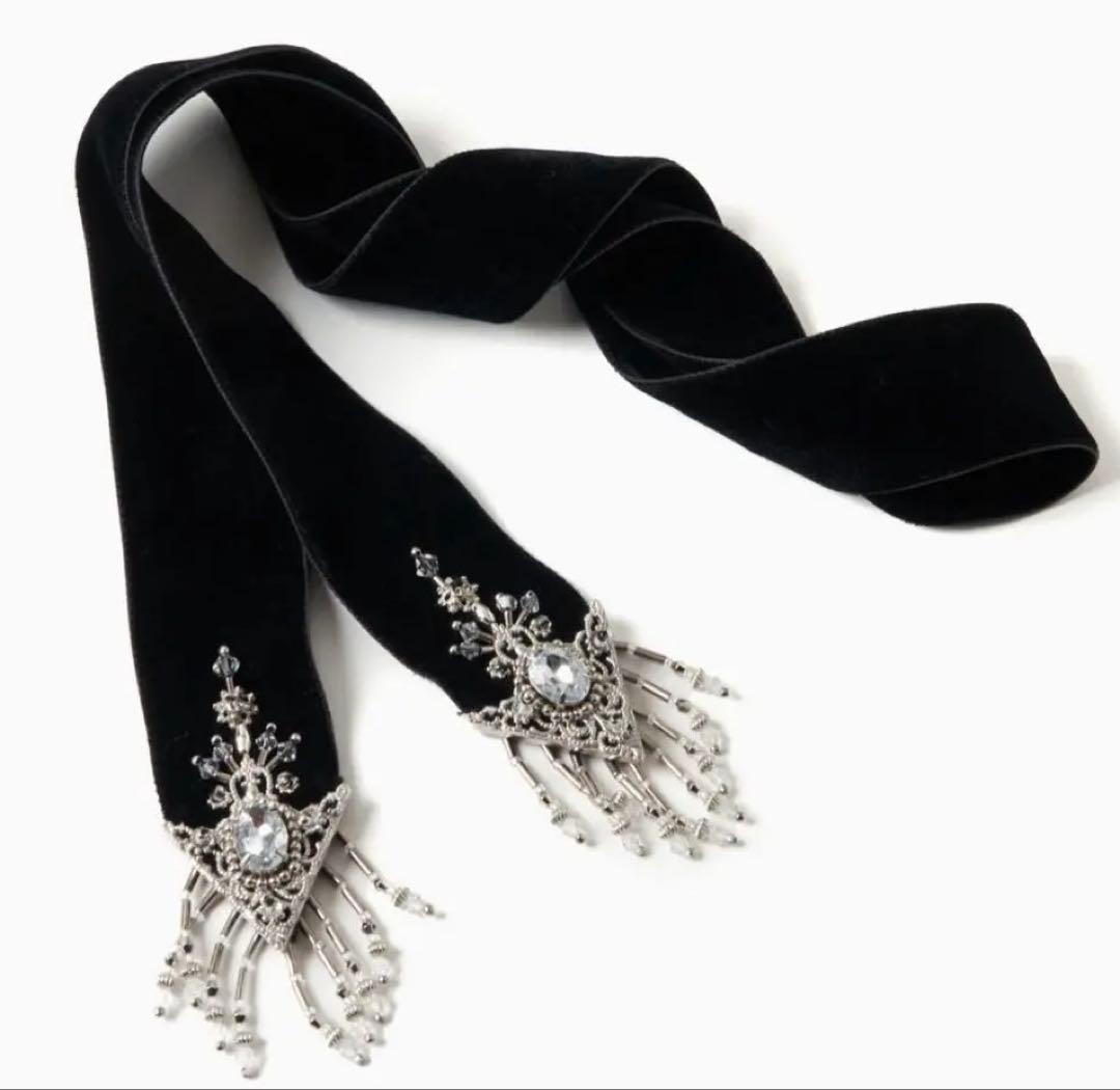 crystal silver tip velvet long ribbon 黒