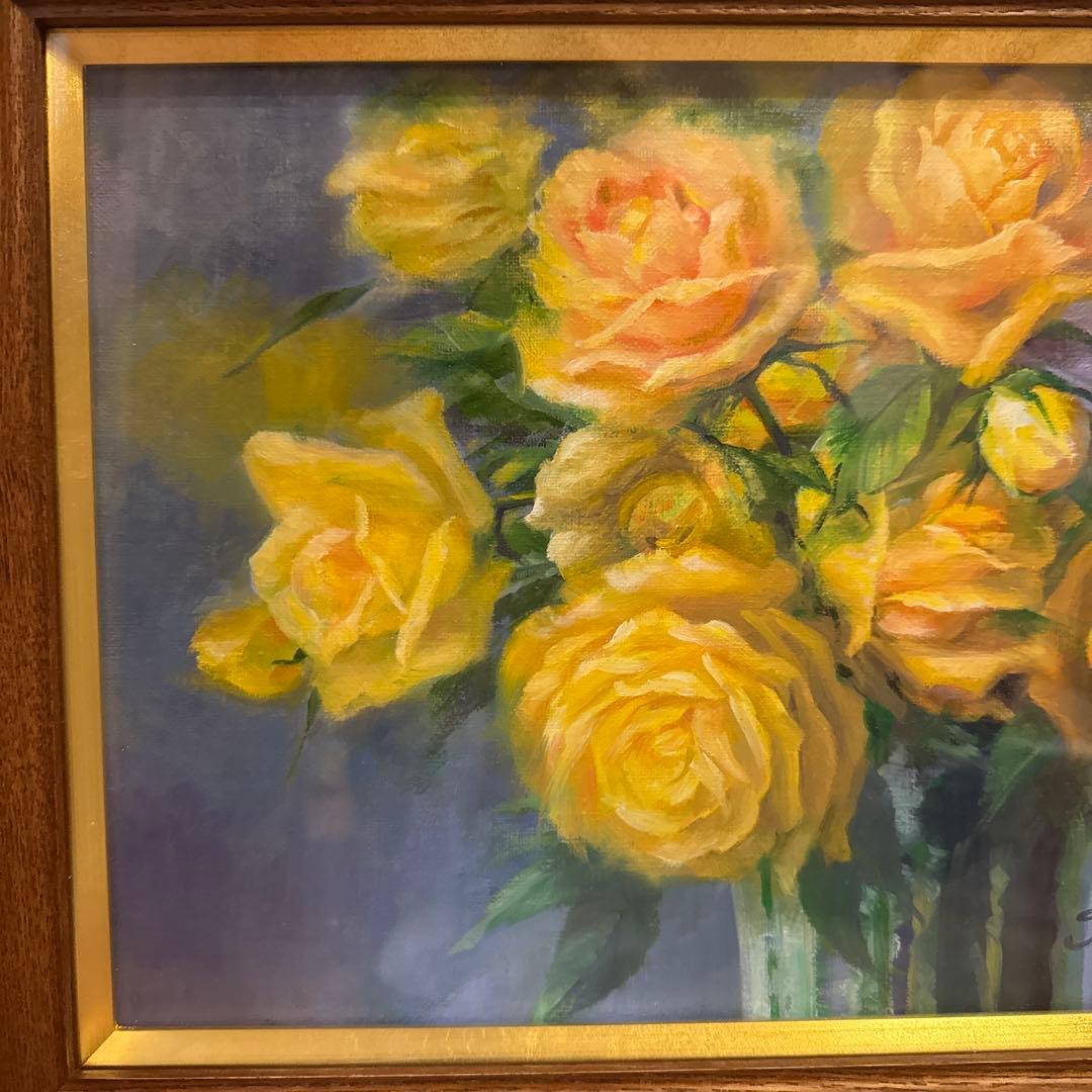 油彩画 原画 額装あり 花の絵 バラ 黄色 静物画 作家サイン入り