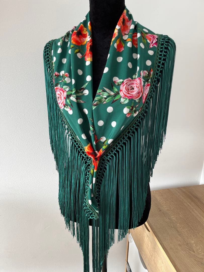フラメンコ　マントンシージョ　グリーンx花柄水玉　グリーンフレコ