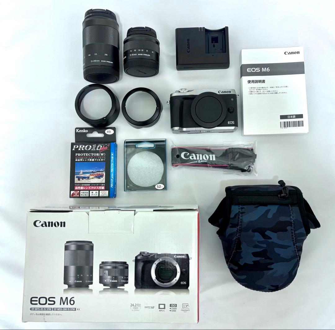 EOS M6 レンズ２本付き プロテクター、レンズフード、ケースも付属 美品