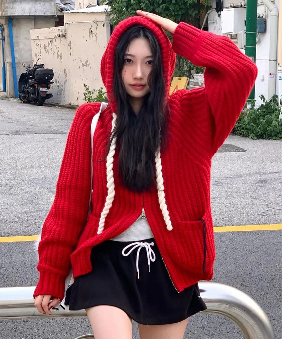 トップス ROPE HOOD ZIP-UP KNIT RED