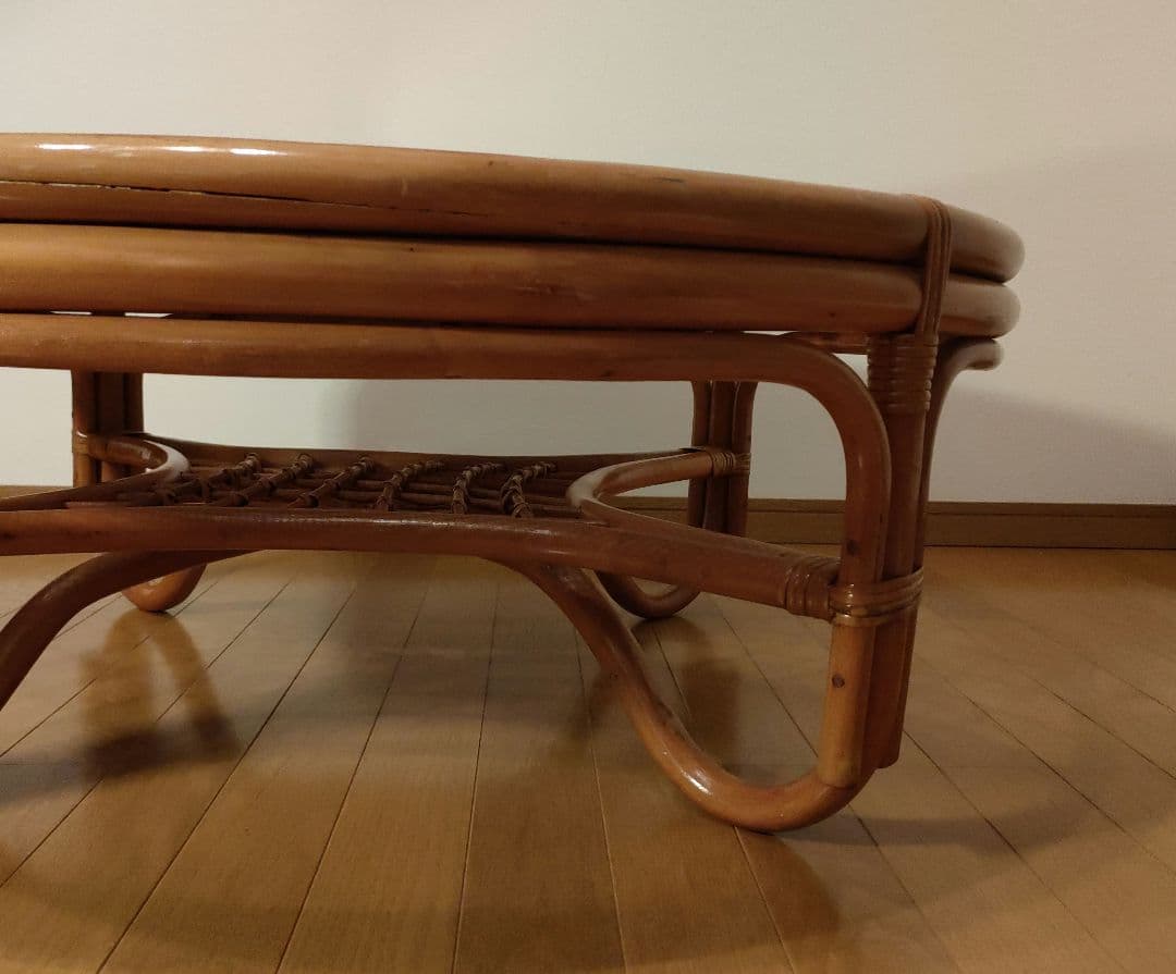 ラタン 藤 ガラス天板 丸テーブル 座卓 レトロ モダン 直径約90cm