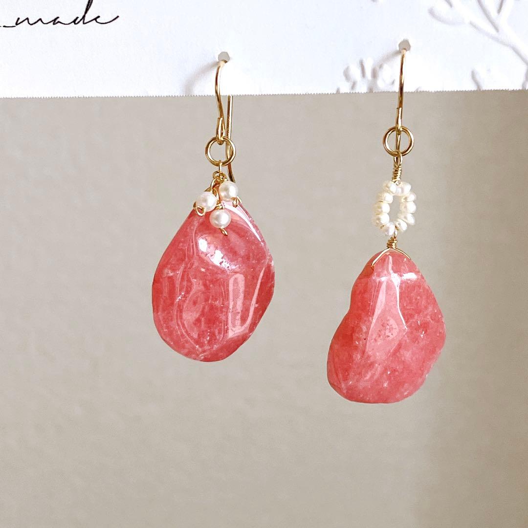 マルモ◆ラフカット✧インカローズ×淡水パールアシンメトリーピアス