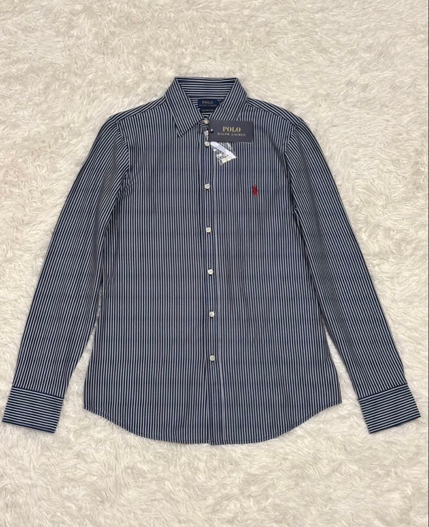 【新品】ポロラルフローレン ニットドレスシャツ ストライプ L ネイビー