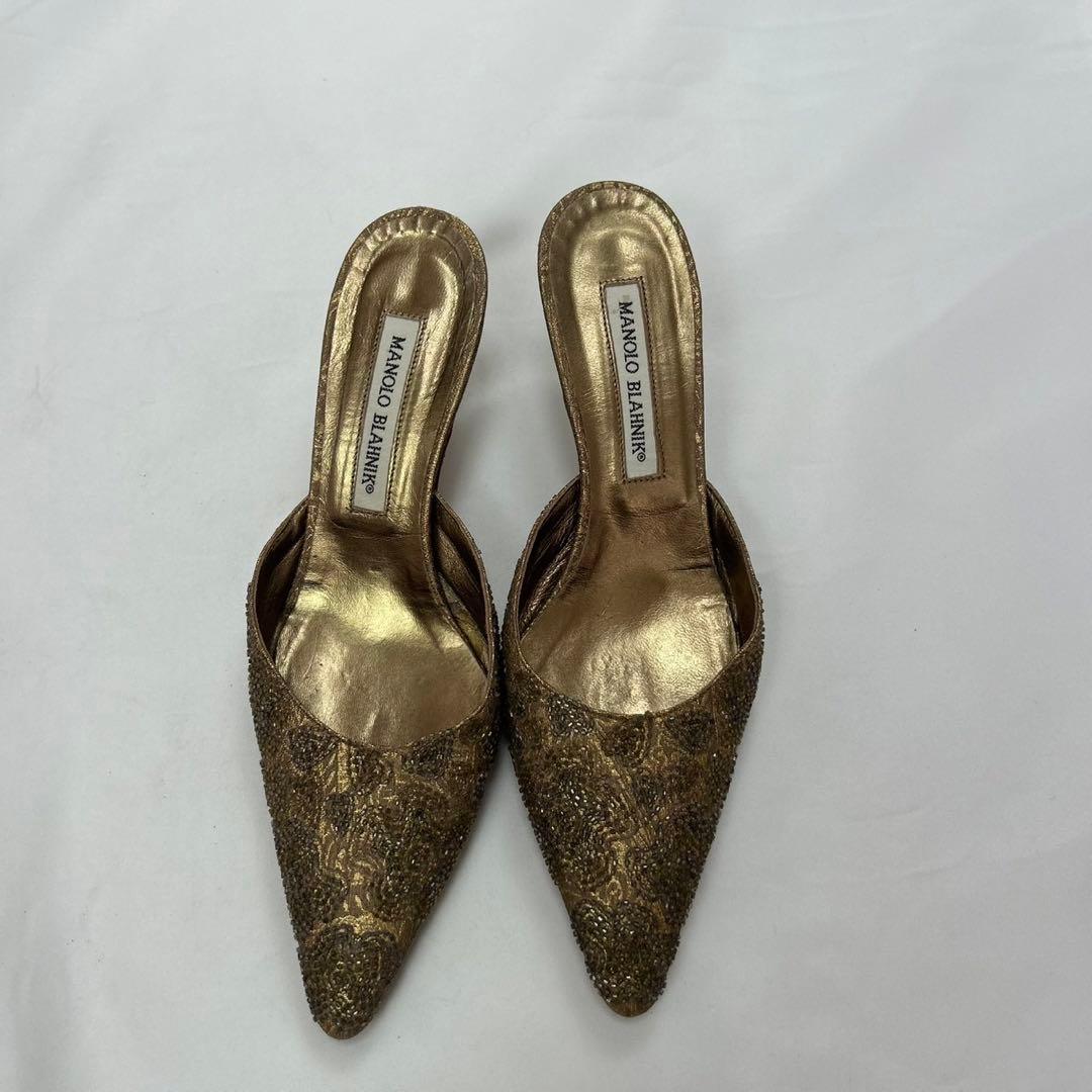 F862 23cm 36 マノロブラニク ビーズ レース ミュール レディース