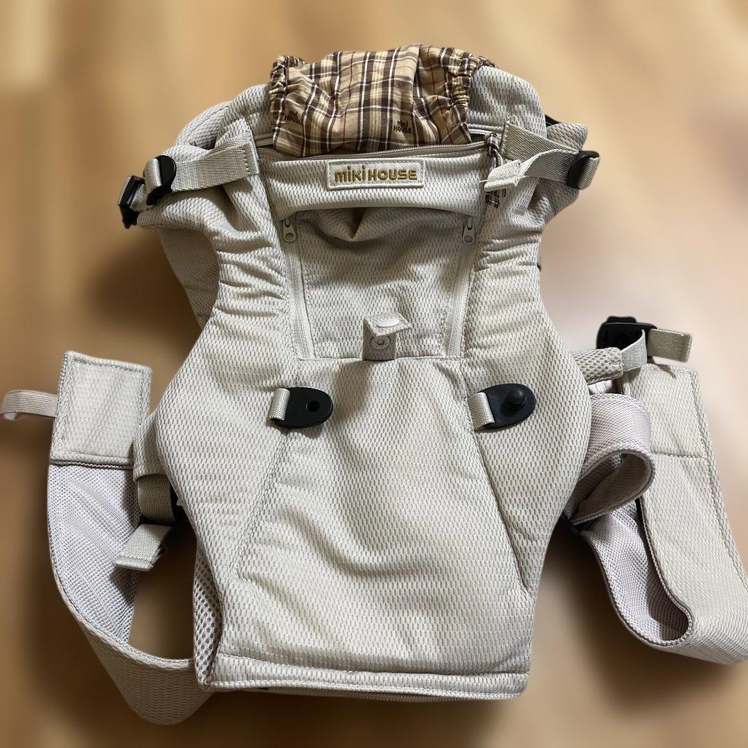 ミキハウス抱っこ紐　ベージュ/メッシュ/チェック柄