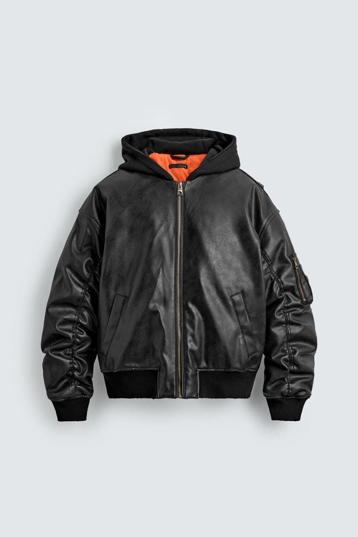 コントラストフード付きフェイクレザー ジャケット Mサイズ