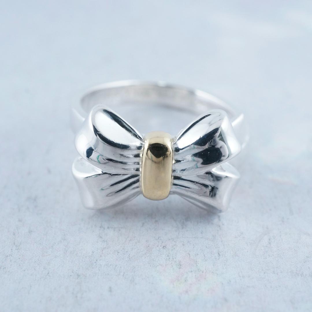 新品仕上 ティファニー SV925×18K 750リボン リング 13号