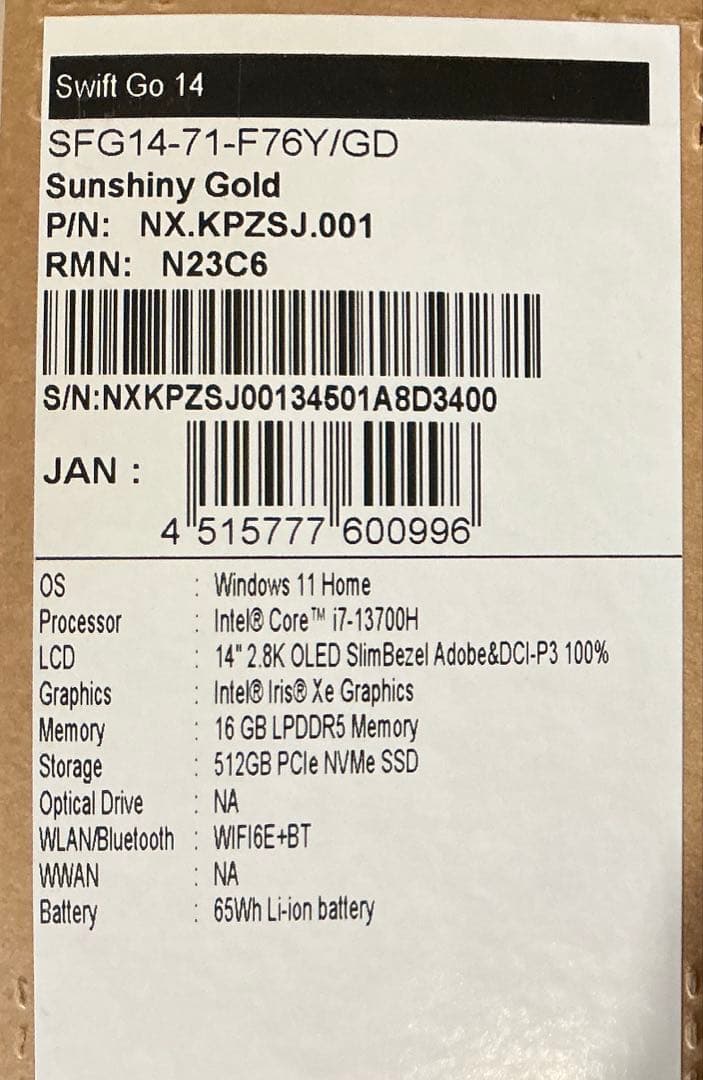 Swift Go 14 SFG14-71-F76Y/GD 美品