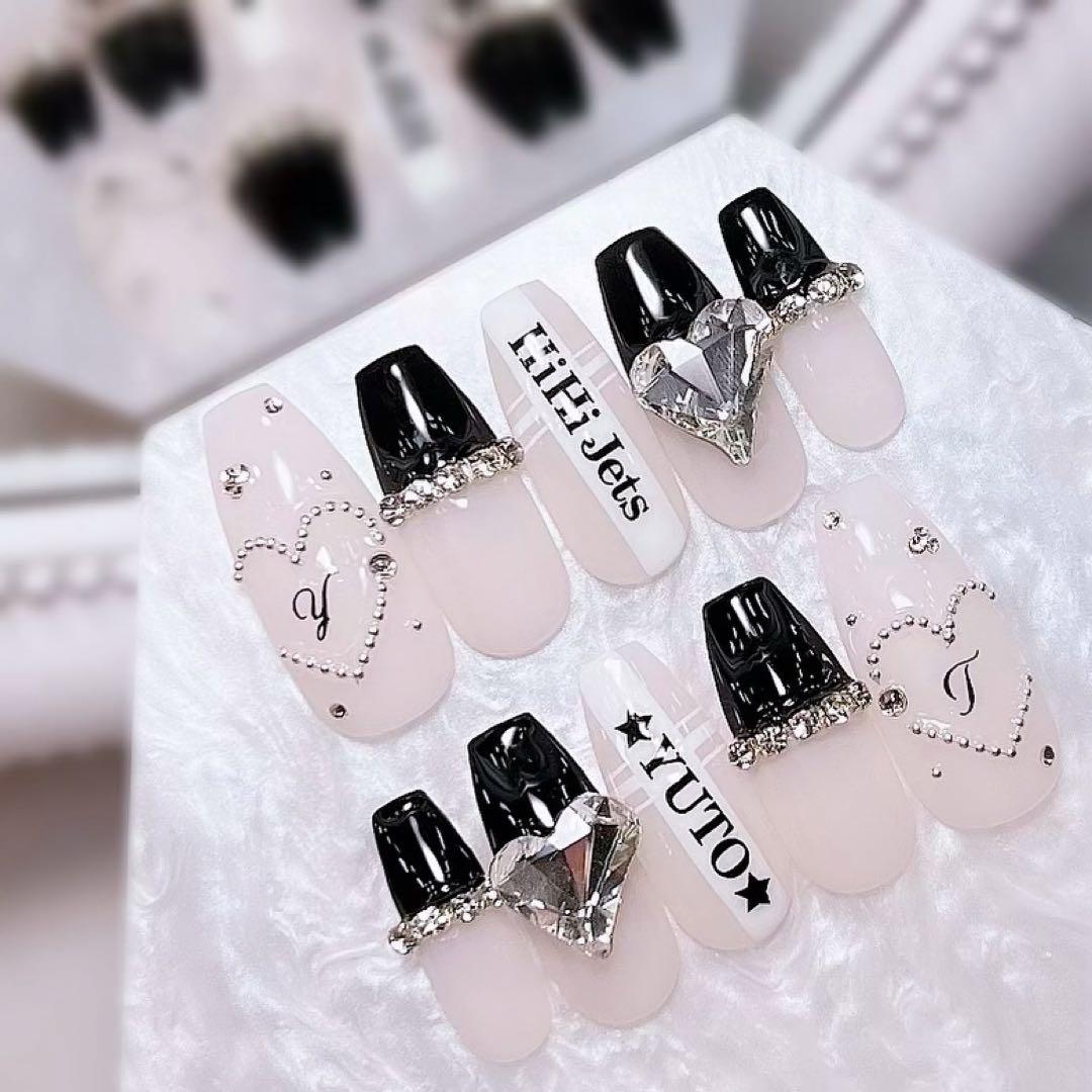 お急ぎ便A♥ ネイルチップ 量産型 韓国 黒ネイル フレンチ ハートネイル