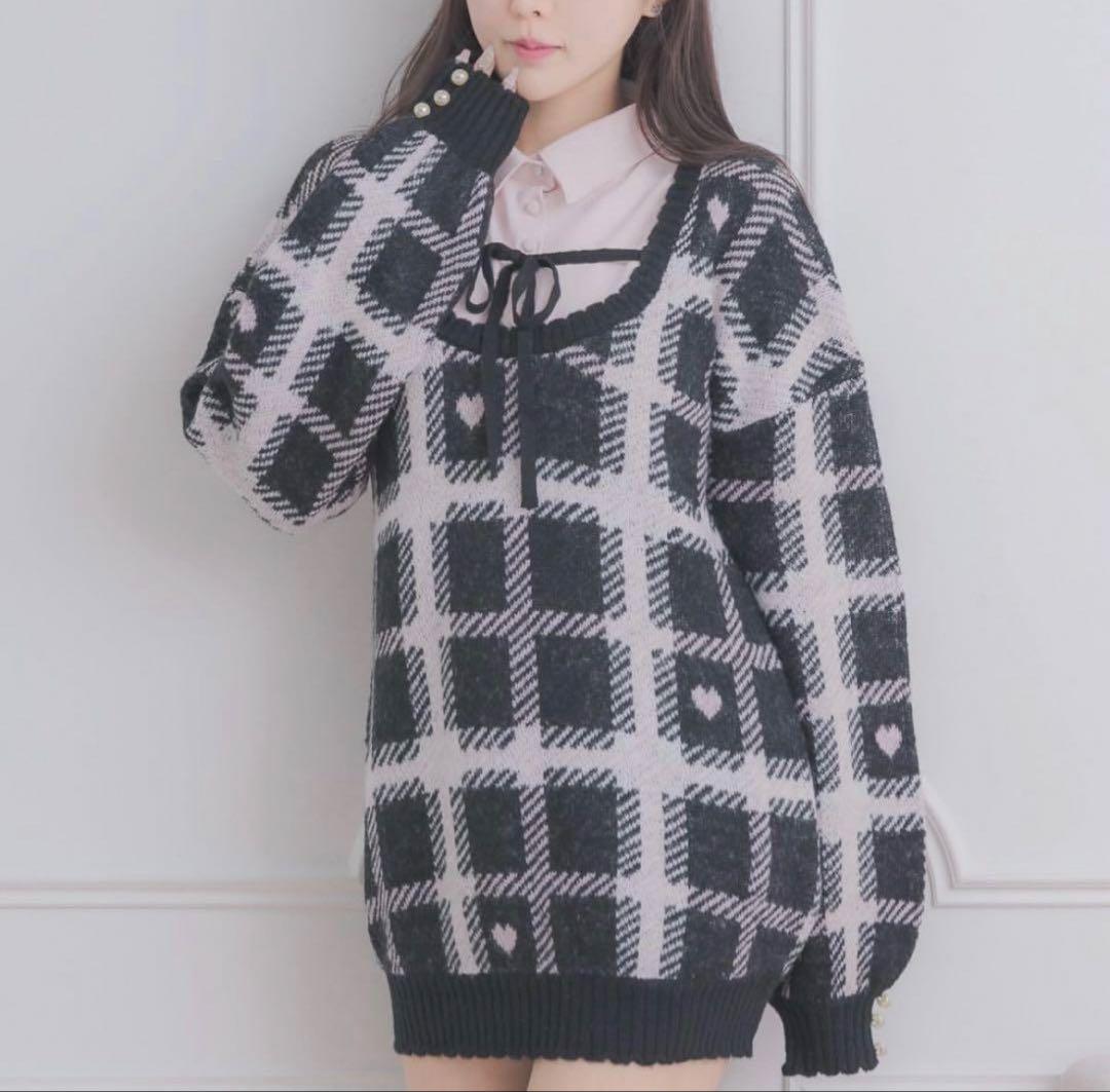 pium ハートチェックレイヤードニットワンピース