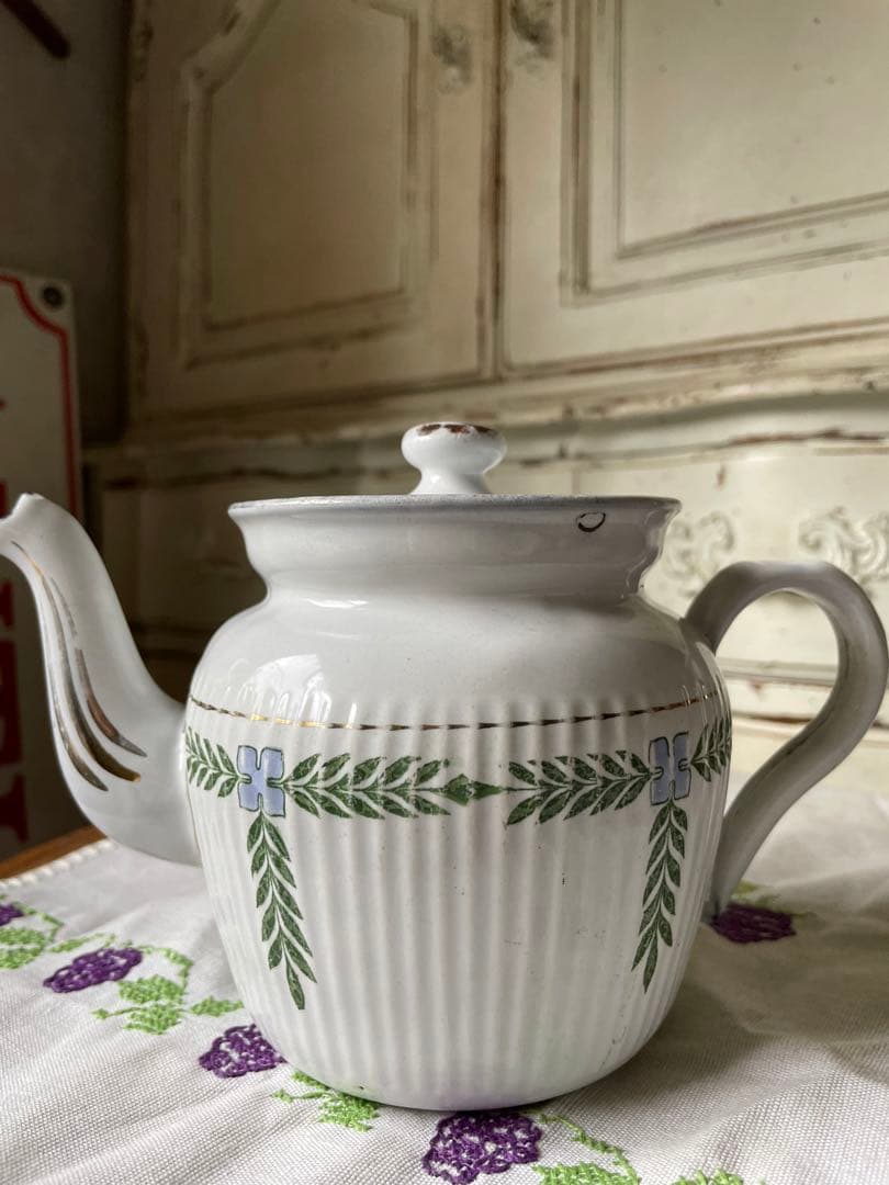 フランス　アンティーク　ホーロー　コーヒー　ティー　ポット　ガーランド　BB社