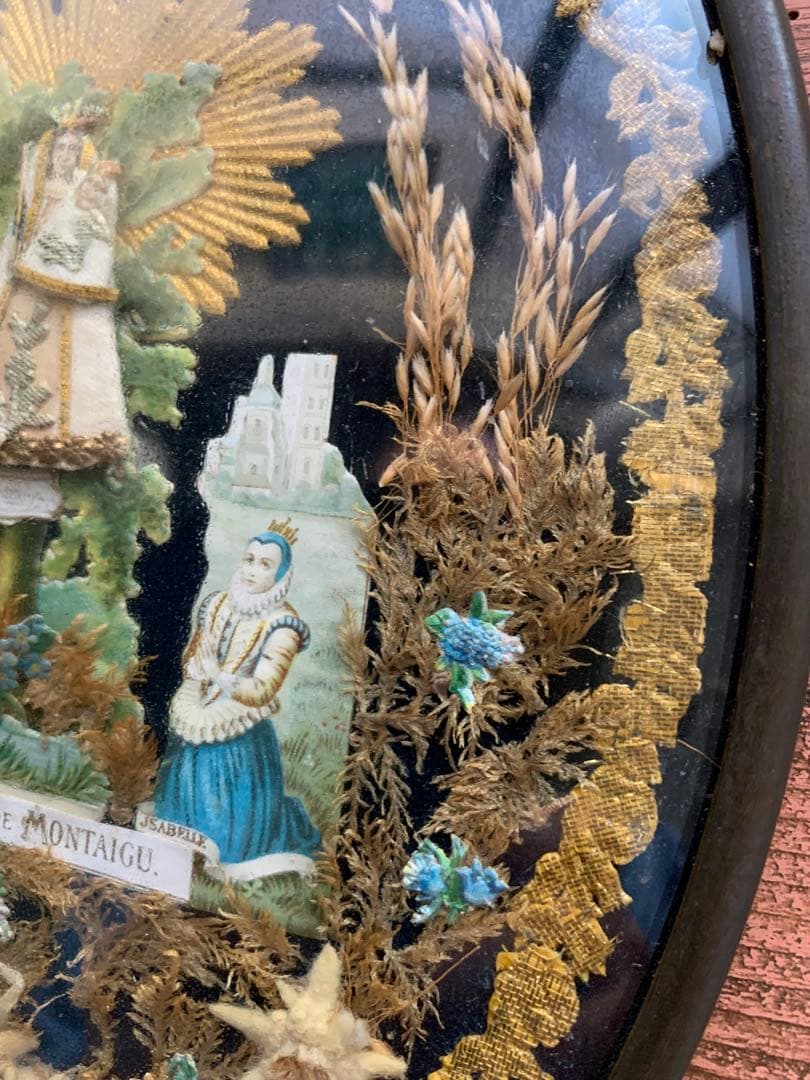 フランスアンティーク　19世紀ベルギーガラス額に美しくデコパージュされたマリア様