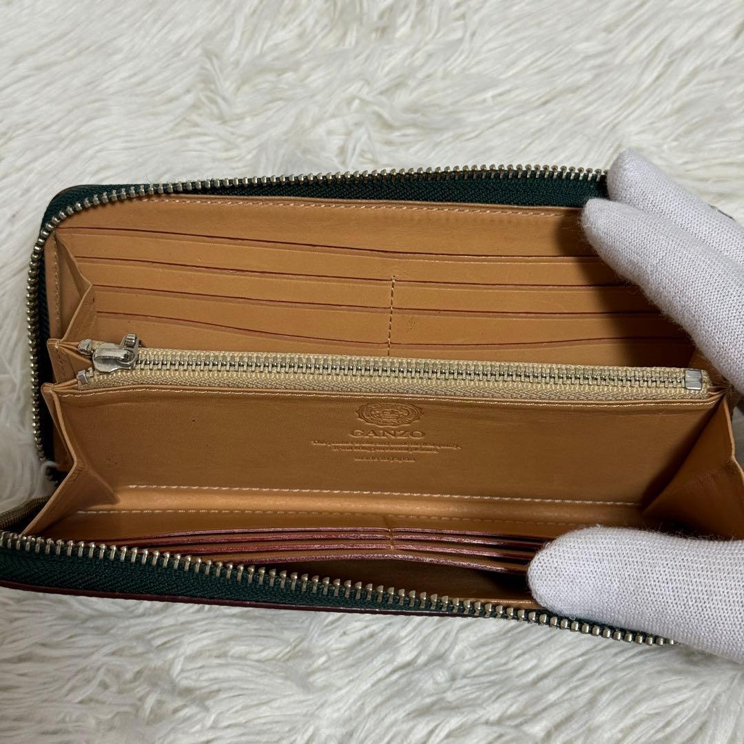 【良品】GANZO コードバン　ラウンドファスナー長財布 ダークグリーン