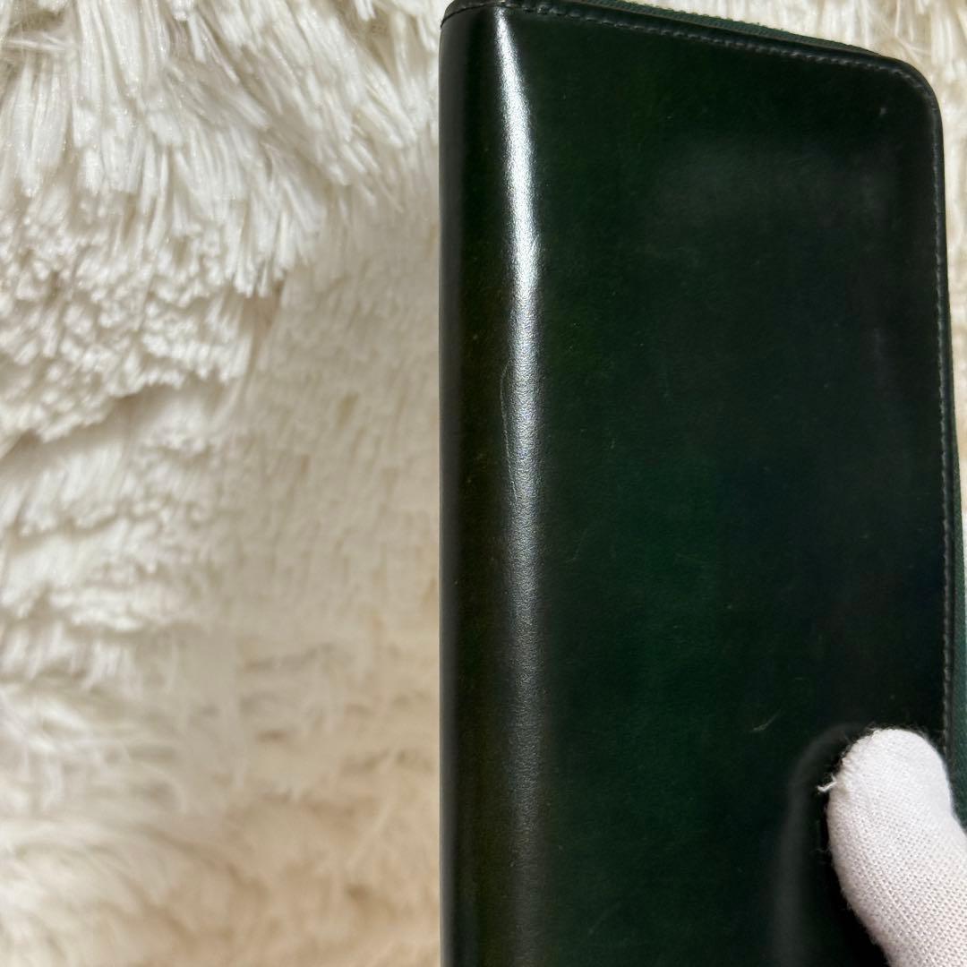 【良品】GANZO コードバン　ラウンドファスナー長財布 ダークグリーン