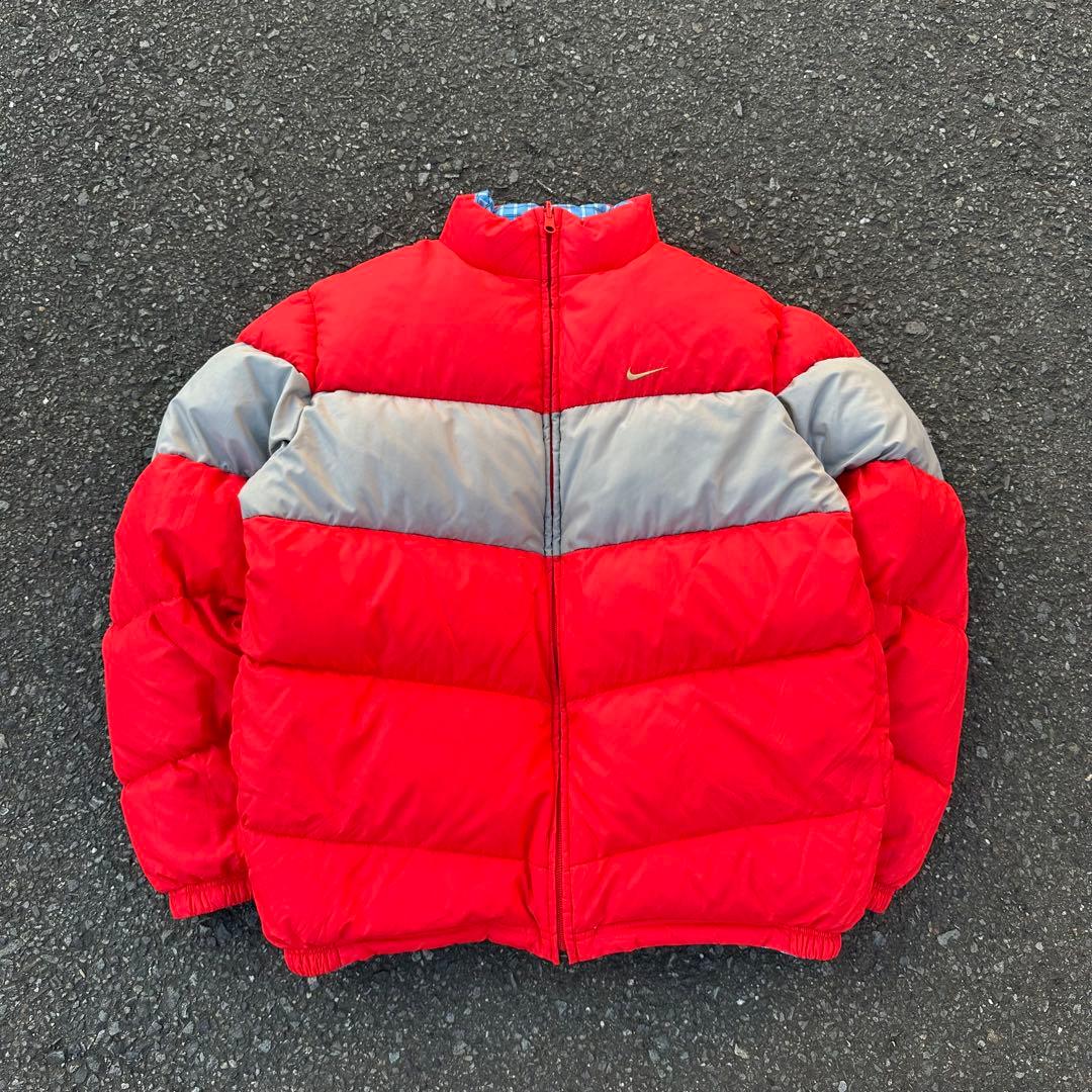 00s Nike ダウンジャケット リバーシブル ロゴ刺繍 チェック 水色