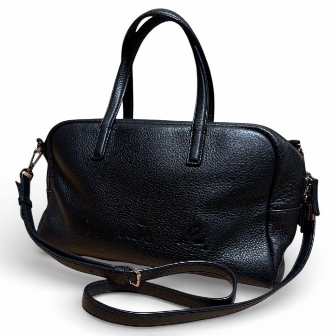 美品 agnes b 本革 2way ミニボストンバッグ エンボスロゴ ブラック