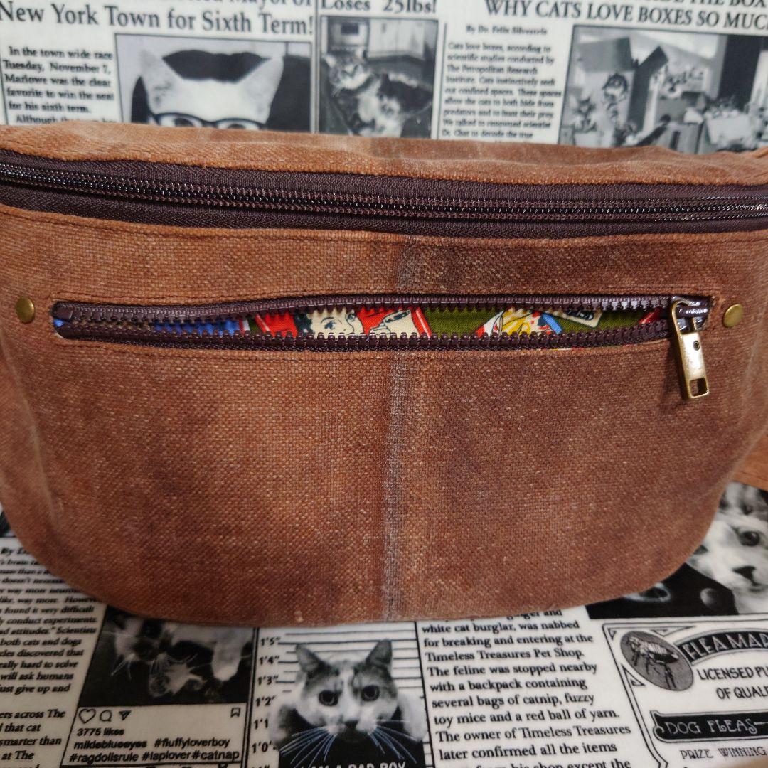 ☬酒袋リメイク☬ボディバッグ/縫い付けショルダー付/柿渋染め/古布/襤褸