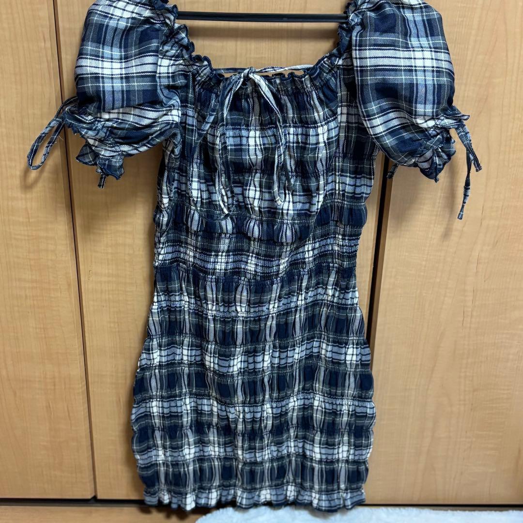 ミシェルマカロン シャーリングチェックミニワンピース フリーサイズ