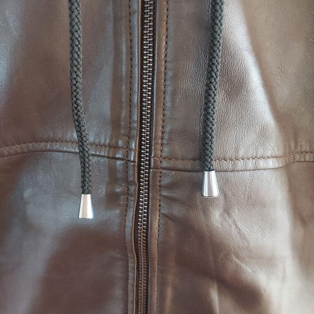 【AKM】エイケイエム ダブルファスナー ラムレザージャケット パーカー M 茶