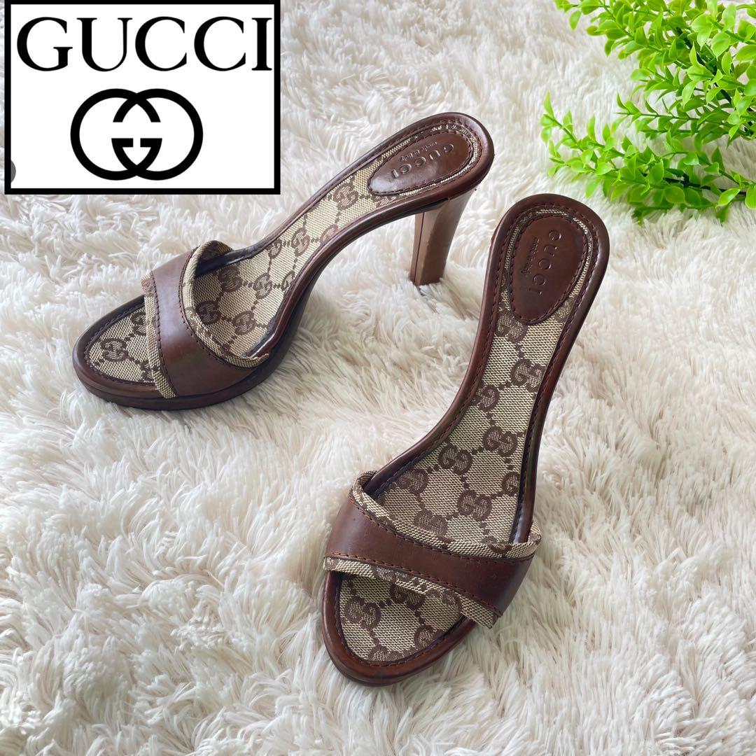 超美品 グッチ 23.5cm ミュールサンダル GG柄 キャンバス　シグネチャー