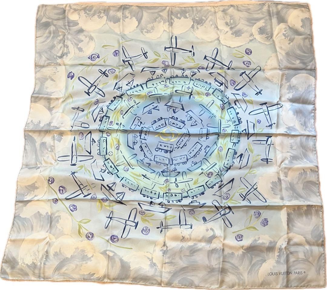 LOUIS VUITTON ヴィトン シルク大判スカーフ 水色 乗り物 箱あり