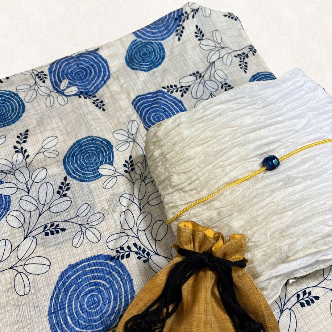 浴衣セット　大人っぽい　涼しげ　綿麻浴衣　兵児帯　帯留•丸紐プレゼント　夏着物