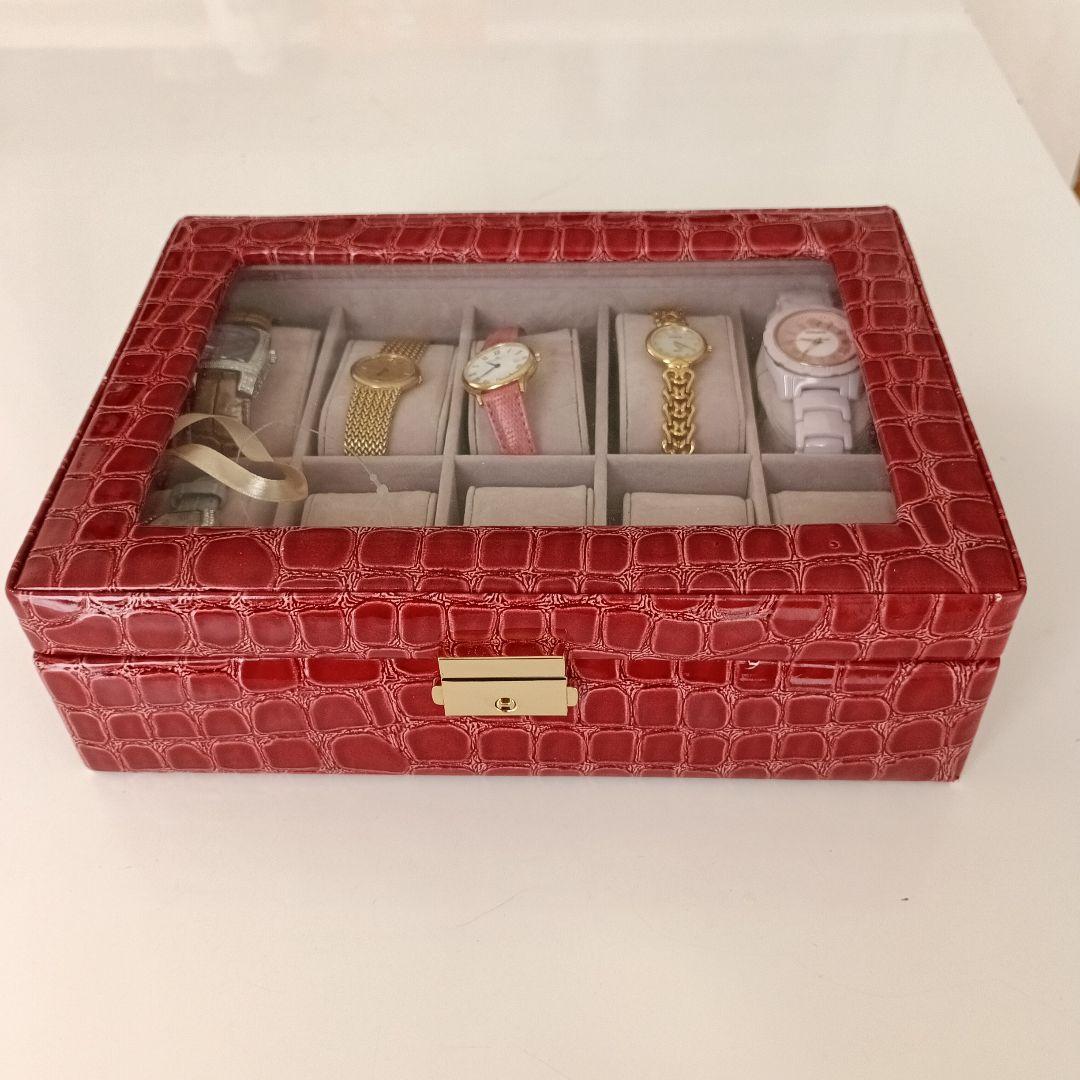 赤色クロコダイル型押の鍵付き時計ケース とレディース腕時計6本まとめ売り