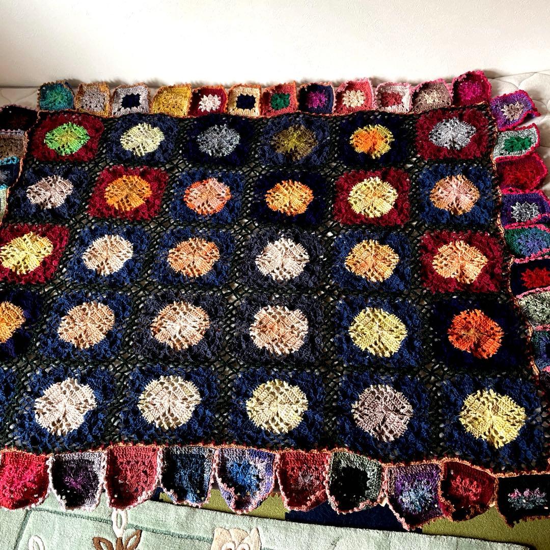 ★ノロ毛糸★かぎ針編みゆったりマルチなブランケット 〜暖笑〜120×130cm