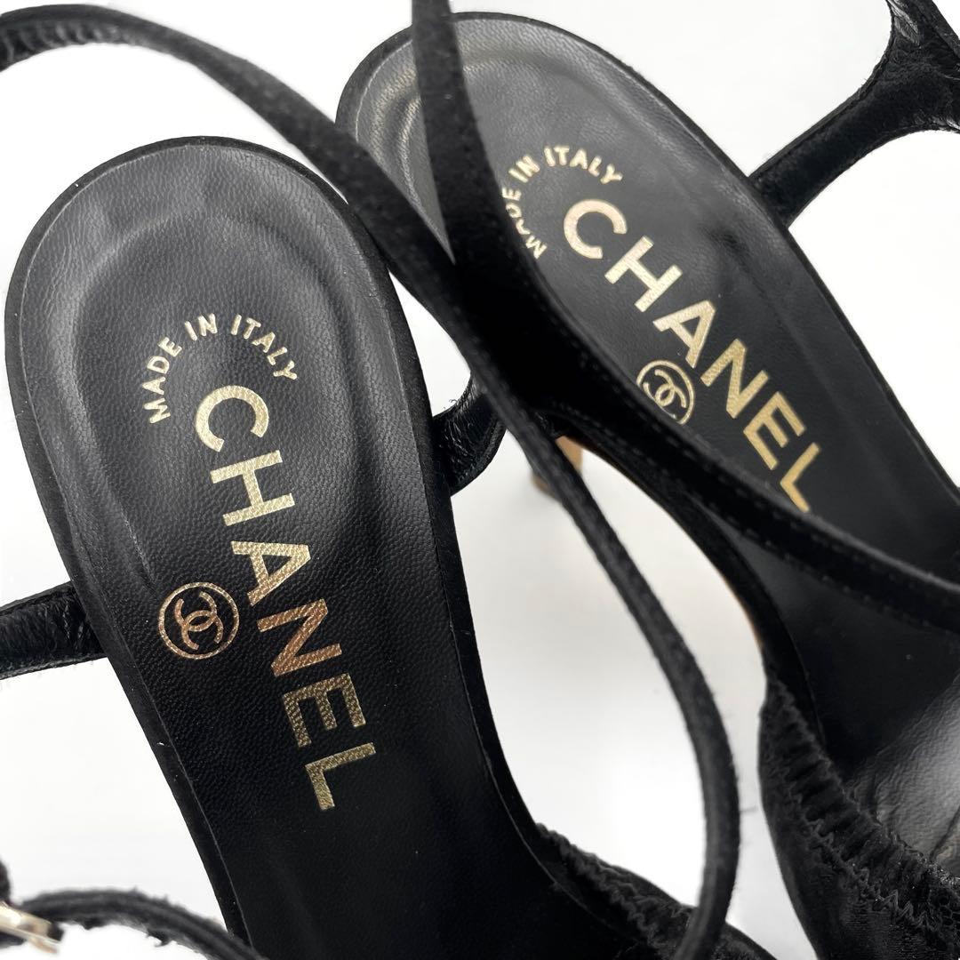 《超美品》CHANEL シャネル カメリア ココマーク パンプス サテン 黒系