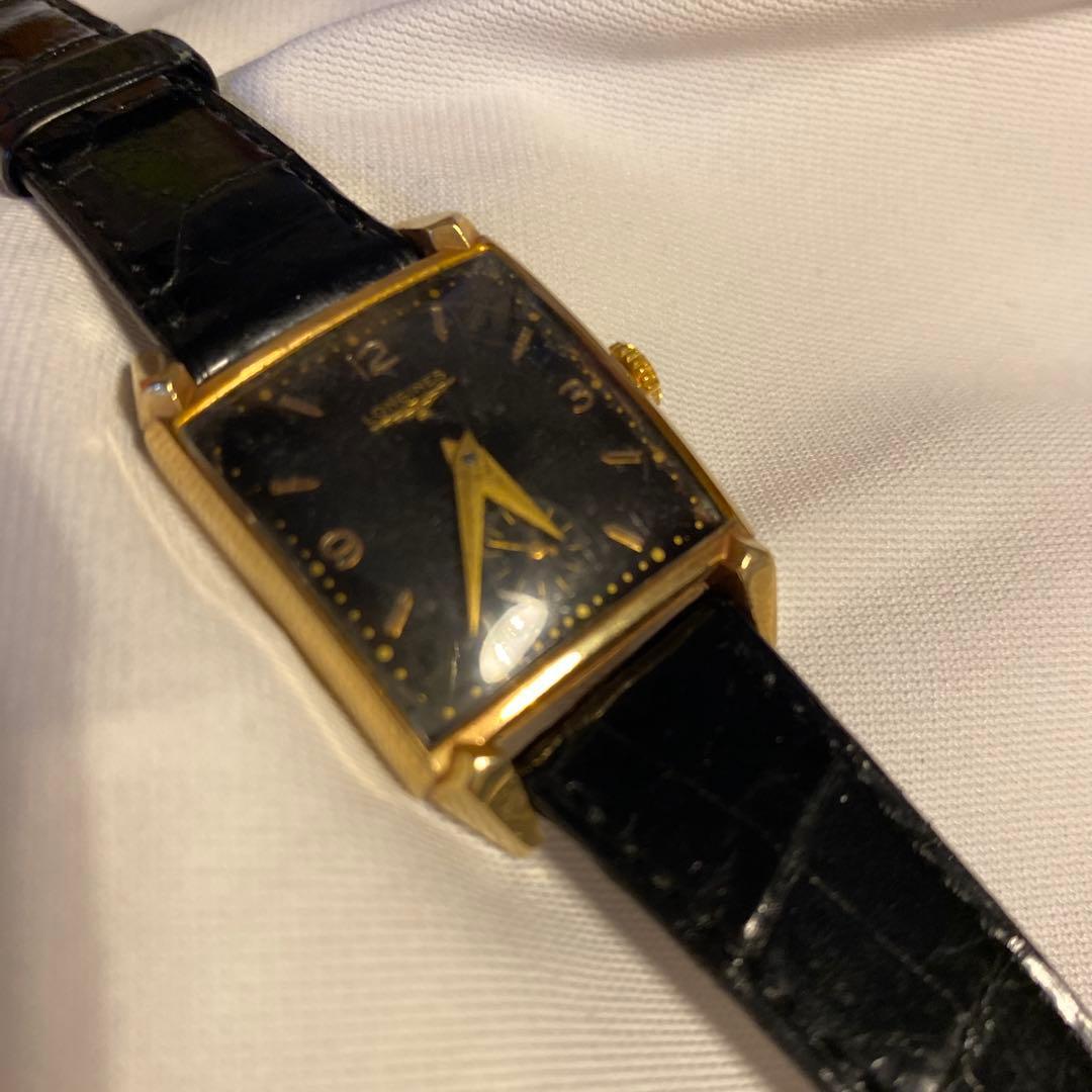 LONGINES 14K　黒いレザー角形手巻き時計