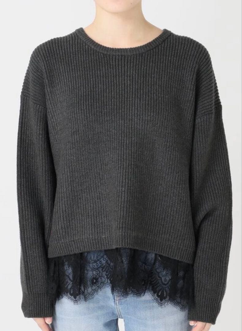 spick&span レースドッキング畦ニットプルオーバー